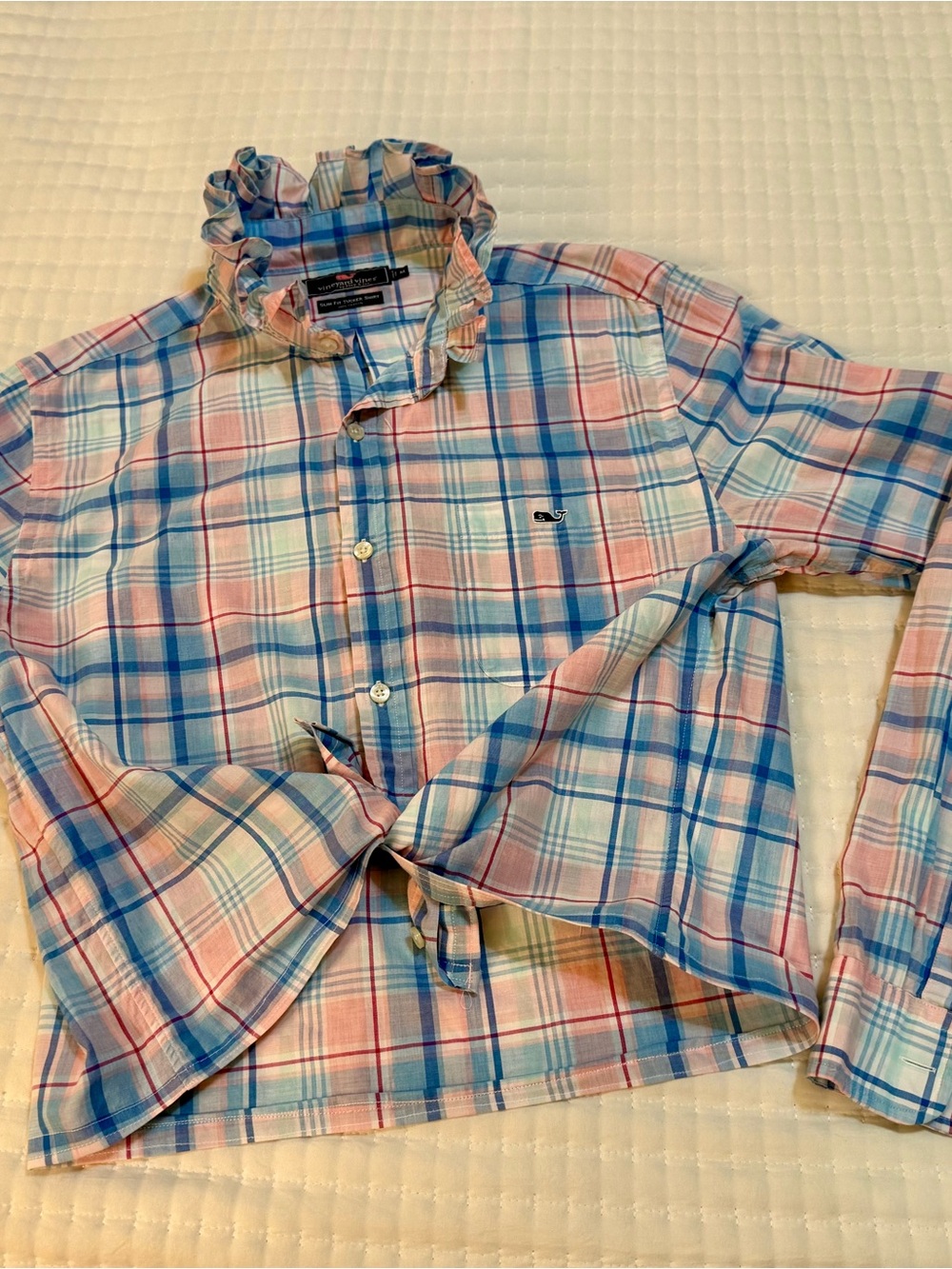 Upcycled Vineyard Vines Light Blue & Pink Plaid Button-Up Shirt -Size M - Picture 3 of 8